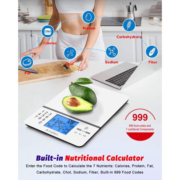 GVDCC-Food Scale with Nutritional Calculator, 1g Resolution Max 5kg 11Ibs | Kitchen Diet Scale, Digital Food Calorie Counting Scale for Meal Prep, Kitchen, Baking, Weight Loss, Tempered Glass, White