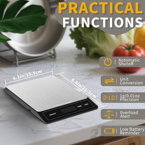 GVDCC-Food Scale - Rechargeable Digital Kitchen Scale 33lb, 1g/0.05oz Precision, Type-C, Stainless Steel, Grams/Ounces, LCD Display, for Cooking/Baking/Meal Prep (Ash Silver)