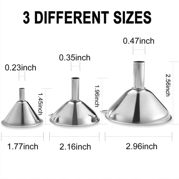 GVDCC-Funnels for Kitchen Bottle Filling, Mini Stainless Steel Funnels, Multi-use Small Kitchen Funnel Set of 3, for Transferring Liquid, Fluid, Essential Oils, Powder,Tiny Spices,Dishwasher Safe
