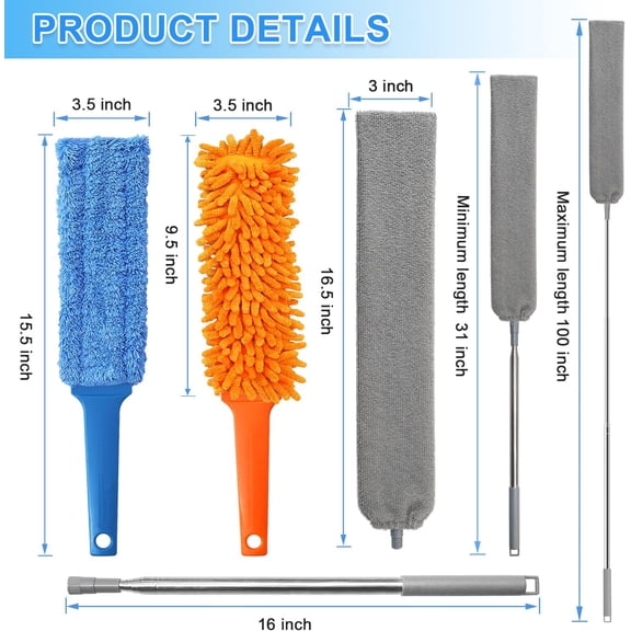 GVDCC-Gap Cleaning Feather Duster - 1 Pack 100 inch Telescoping Gap Dust and 2 Pack 15 inch Gap Cleaning Hand Dusters, Microfiber Feather Duster for House Hold