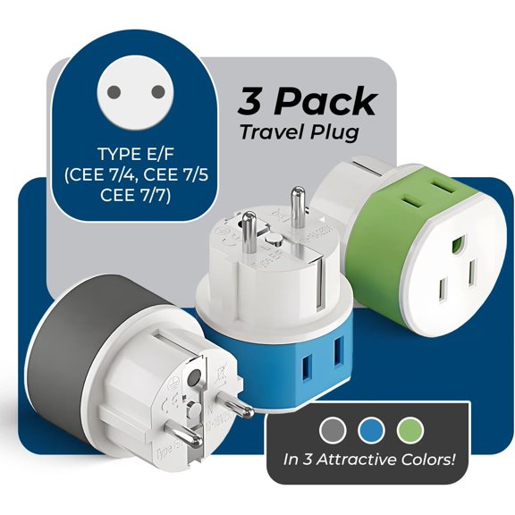 GVDCC -Germany, France, Schuko Power Plug Adapter with 2 USA Inputs - Travel 3 Pack- Type E/F (US-9) Safe Grounded Use with Cell Phones, Laptop, Camera Chargers, CPAP, and More