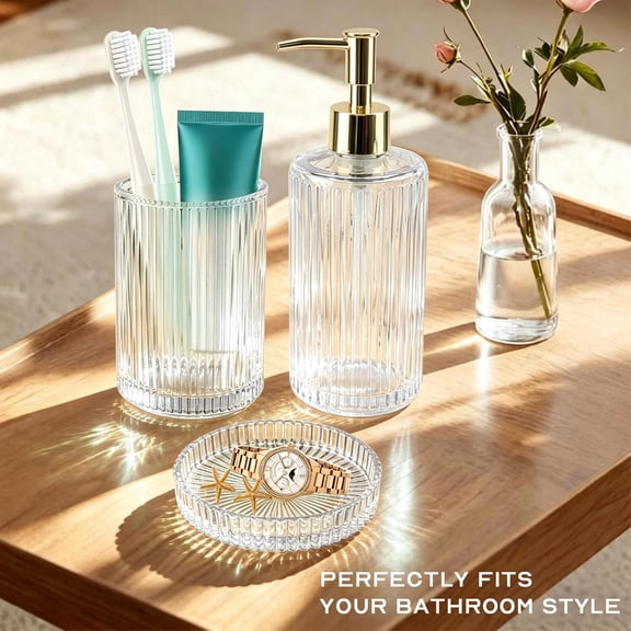GVDCC-Glass Bathroom Accessories Set, Clear Glass Bathroom Set Include Soap Dispenser, Toothbrush Holder and Tray, Elegant Bathroom Decor for Housewarming Gift - 3PCS