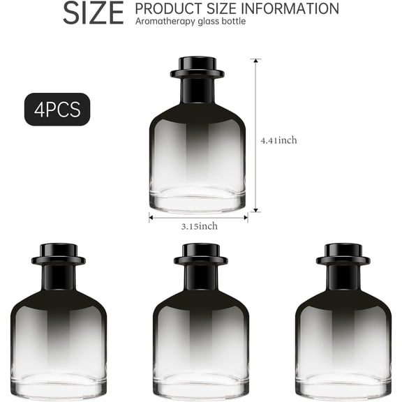 GVDCC-Glass Diffuser Bottles in Black Intermediate Color with Black Cork Stopper, Set of 4-4.4" High,200ml 6.7 fl oz. Fragrance Accessories Use for Diy Replacement Reed Diffuser Sets