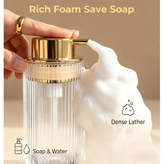 GVDCC-Glass Foaming Soap Dispenser Refillable Foaming Hand Soap Dispenser with Gold Large Pump Wide Opening for Bathroom Kitchen Countertop Modern Home Decor with Elegant Pattern - Clear,415ml
