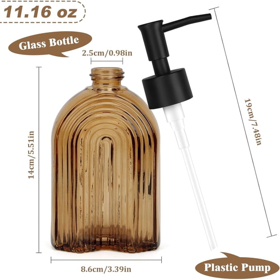 GVDCC-Glass Soap Dispenser with Plastic Pump, 11.6Oz Refillable Liquid Modern Soap Dispenser for Hand and Dish, Bathroom Countertop Decor (Amber)