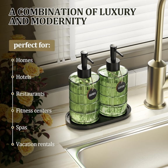 GVDCC-Green Glass Soap and Lotion Dispenser Set with Tray by Brighter Barns - Liquid Hand Soap Dispenser and Pump - Bamboo Bathroom Accessories & Modern Bathroom Decor (Green)