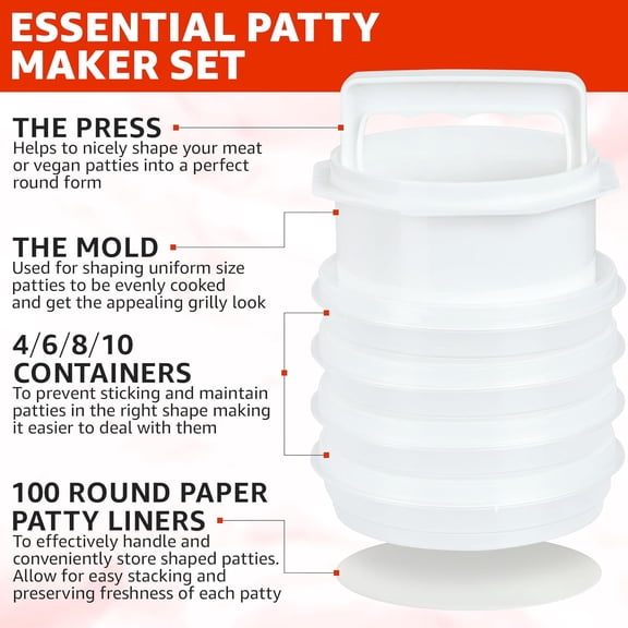 GVDCC-Hamburger Press Patty Maker - 4 in1, Burger Mold, Patty Press, 6 Storage Containers, 100 Round Papers - Hamburger Patty Maker Tool for BBQ - Burger Shaper for Meat, Veggie Patties