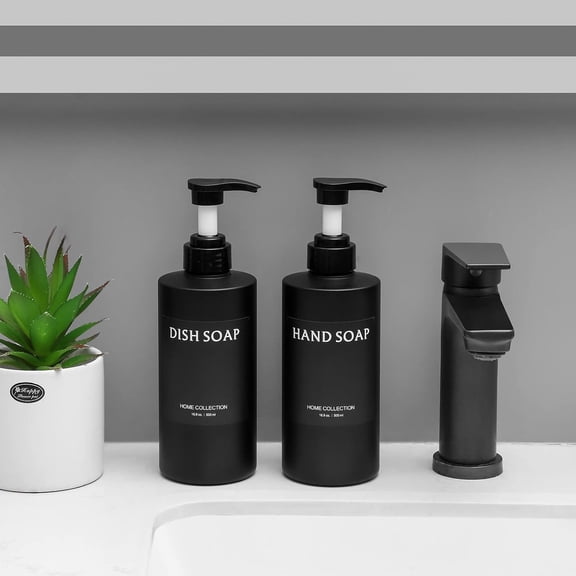 GVDCC-Hand Soap Dispenser Plastic Pump Bottles with Waterproof Label for Bathroom Kitchen, Empty Refillable Liquid Container, 16 oz Black 2 Pack