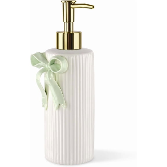 GVDCC-Handmade Ceramic Bow Soap Pump Dispenser Hand Lotion Liquid Dispenser Refillable for Kitchen and Bathroom Decorative (Ribbon Green)