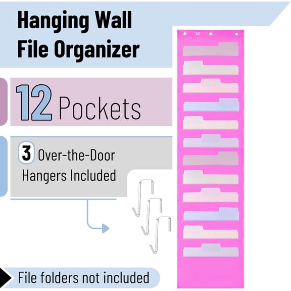 GVDCC-- Hanging Wall File Organizer, 12 Pocket, Pink, 3 Overdoor Hangers Included, Over the Door File Organizer, Wall Folder Organizer