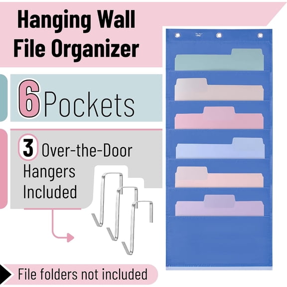 GVDCC-- Hanging Wall File Organizer, 6 Pocket, Blue, 3 Overdoor Hangers Included, Over the Door File Organizer, Wall Folder Organizer