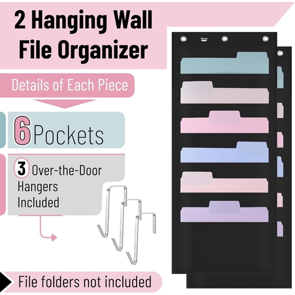 GVDCC-- Hanging Wall File Organizer with 6 Pockets, 2 Pack, Black Fabric, 6 Metal Overdoor Hangers Included, Perfect for A4 Paper, Over The Door File Organizer