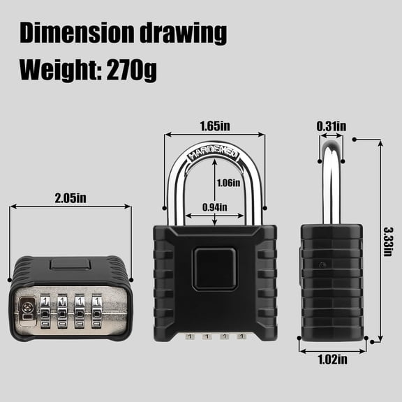 GVDCC-Heavy Duty Combination Padlock, Large Outdoor Padlock [One-Touch Unlocking] High Security Weatherproof, Design of Hidden Password Suitable for Locker, Home, School, Garage, Gate, Garden
