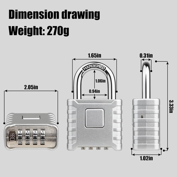GVDCC-Heavy Duty Combination Padlock, Large Outdoor Padlock [One-Touch Unlocking] High Security Weatherproof, Design of Hidden Password Suitable for Locker, Home, School, Garage, Fences, Silver