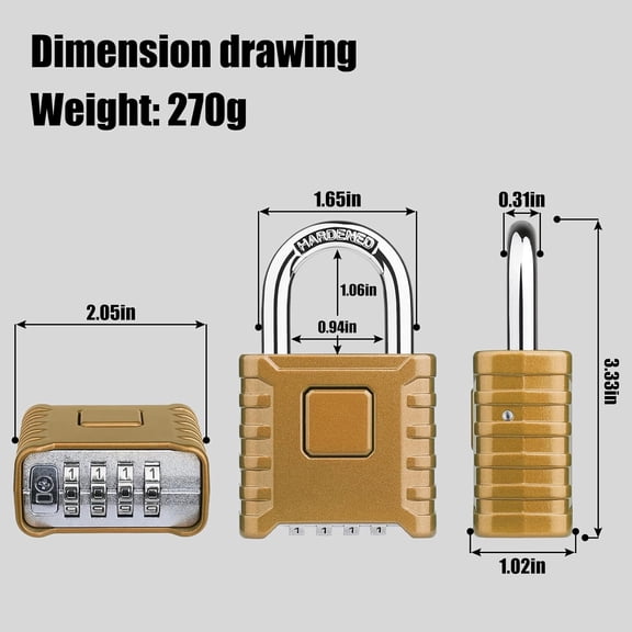 GVDCC-Heavy Duty Combination Padlock, Large Outdoor Padlock [One-Touch Unlocking] High Security Weatherproof, Hidden Password Design Suitable for Locker, Home, School, Garage, Gate, Garden, Brass