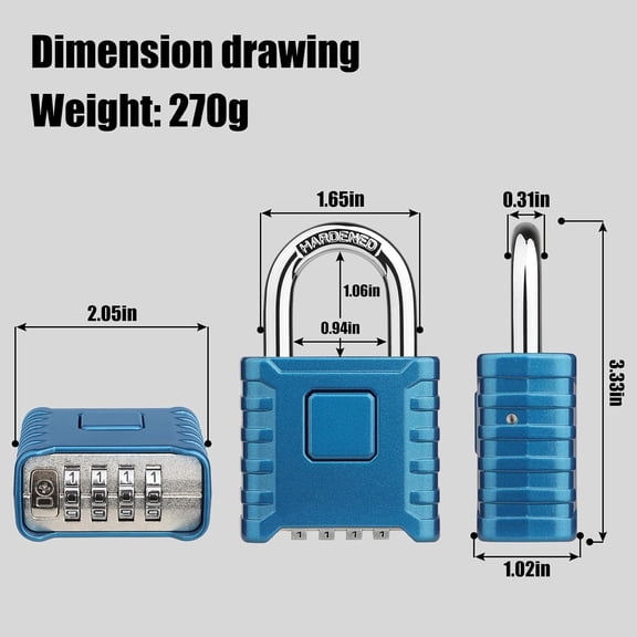 GVDCC-Heavy Duty Weatherproof Padlock [One-Touch Unlocking], Large Outdoor Combination Padlock, High Security, Design of Hidden Password Suitable for Locker, Home, School, Gate, Fences (Blue)