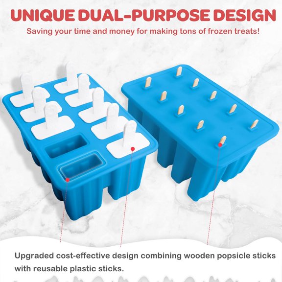 GVDCC-Homemade Popsicle Molds, 10-Cav Non-BPA Silicone Ice Pop Maker, with 50 Sticks, 50 Bags, 10 Reusable Sticks, Funnel, Brush and Ice Pop Recipe (Blue)