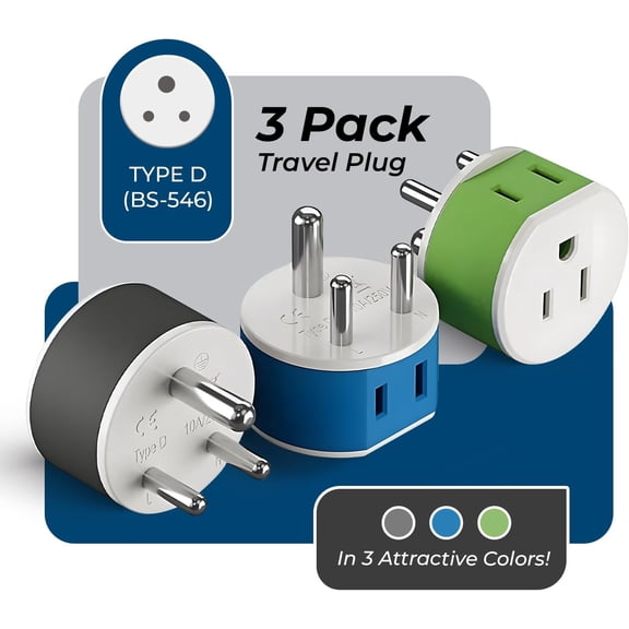 GVDCC -India, Nepal, Maldives Power Plug Adapter with 2 USA Inputs - Travel 3 Pack - Type D (US-10) Safe Grounded Use with Cell Phones, Laptop, Camera Chargers, CPAP, and More