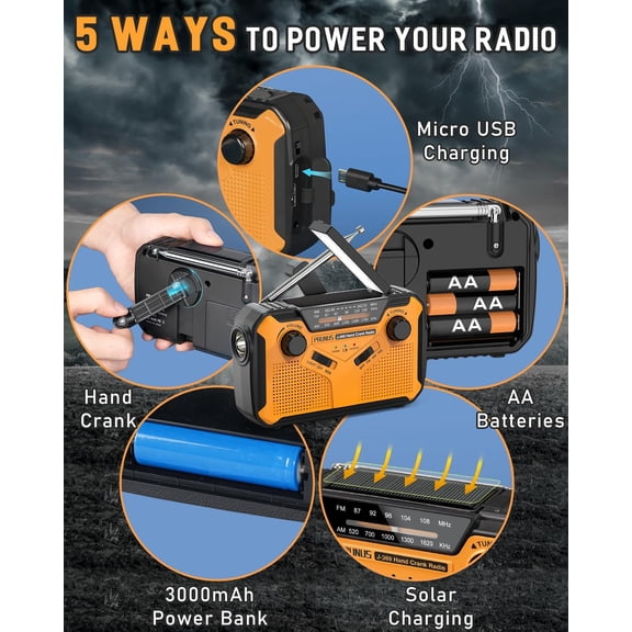 GVDCC-J-369 11100mWh Emergency Weather Radio, AA Batteries/Hand Crank/Solar/USB Charging, NOAA/AM/FM, LED Flashlight and Reading Lamp,SOS Alarm & Flashlight Portable