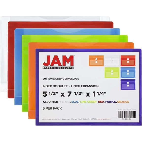 GVDCC-JAM PAPER Plastic Envelopes with Button & String Tie Closure - Index Size - 5 1/2 x 7 1/2 - Assorted Colors - 6/Pack