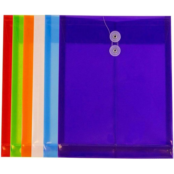 GVDCC-JAM PAPER Plastic Envelopes with Button & String Tie Closure - Letter Open End - 9 3/4 x 11 3/4 - Assorted Colors - 6/Pack