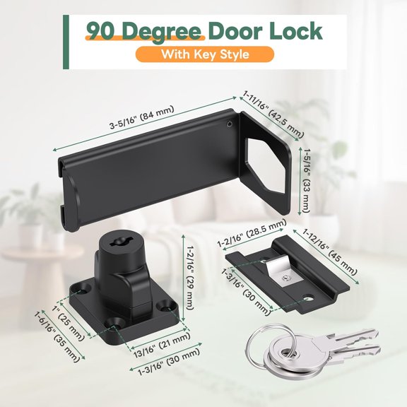 GVDCC-Keyed 90 Right Angle Door Lock, 3.3 Inch Lock Latches for Inward Opening & Sliding Doors, Shed - Security Latch Equipped with Independent Key (Black, 3.3In with Key-2PCS)