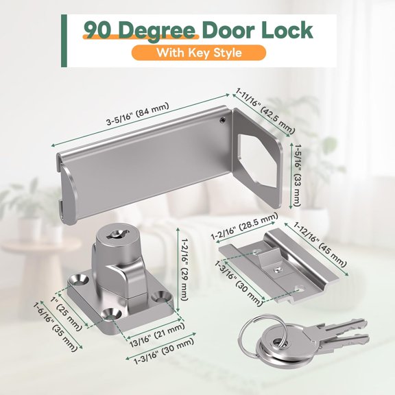 GVDCC-Keyed 90 Right Angle Door Lock, 3.3 Inch Lock Latches for Inward Opening & Sliding Doors, Shed - Security Latch Equipped with Independent Key (Silver, 3.3In with Key-1PC)