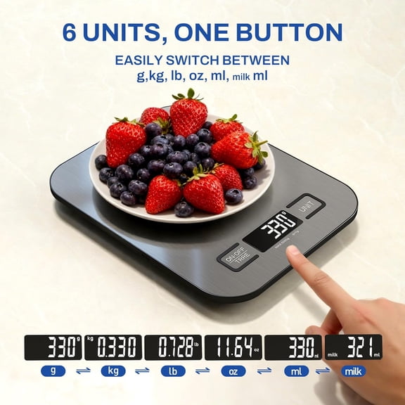 GVDCC-Kitchen Scale Digital Food Scale, 5kg/1g Food Scale for Cooking, Baking, Coffee, Meal Prep, 6 Units, Tare Function, LCD Display, Compact Stainless Steel, 2 AAA Batteries Included