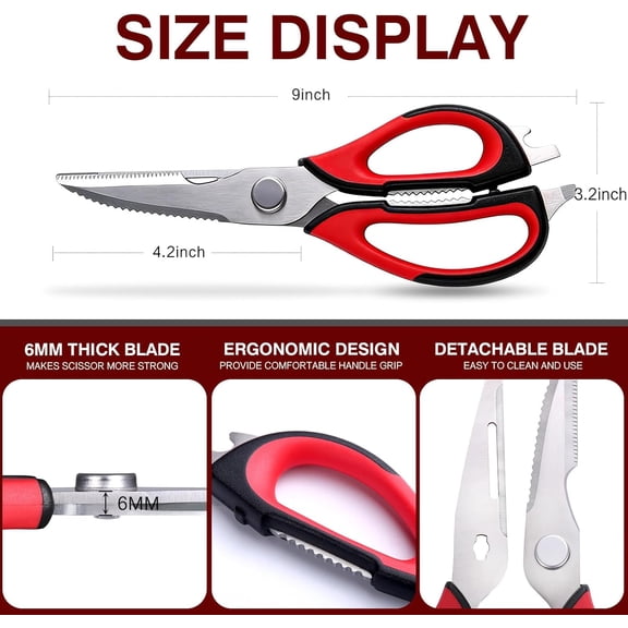 GVDCC-Kitchen Scissors All Purpose for Food, Heavy Duty Kitchen Shears that Come Apart, Sharp Stainless Steel Poultry Shears, Cooking Meat Scissors with Good Grips (Red)