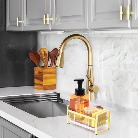 GVDCC-Kitchen Sink Sponge Holder, 304 Stainless Steel Kitchen Soap Dispenser Organizer, Countertop Drainer with Removable Tray, not Including Dispenser and Brush, Gold