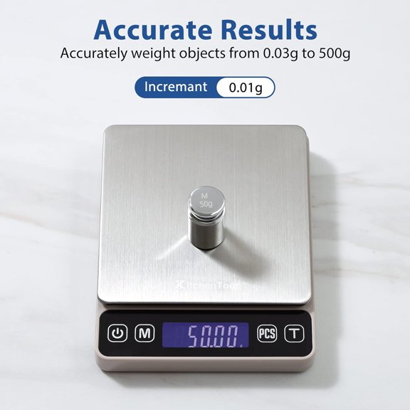 GVDCC-KitchenTour Digital Kitchen Gram Scale - 500g/0.01g - High Accuracy Precision Food Scale - Meat Scale with Back-Lit LCD Display(Batteries Included)-Grey