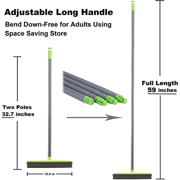 GVDCC-LandHope Push Broom Long Handle Rubber Bristles Sweeper Squeegee Edge 59 inches Non Scratch Bristle Broom for Pet Cat Dog Hair Carpet Hardwood Tile Windows Clean Water Resistant (Multi Segment