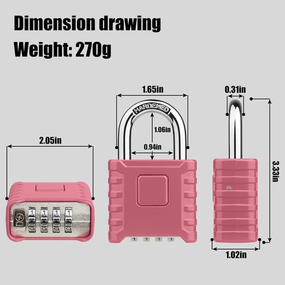 GVDCC-Large Outdoor Combination Lock, Heavy Duty Weather Resistant Padlock, 4 Digit Security Resettable, Hidden Password Design for Indoor/Outdoor Use, Tools, Fences, Sheds, Gates, Pink