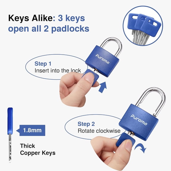 GVDCC-Lock Keyed Padlock, 2 Pack Aluminum Locks with 3 Keys Alike, 7/8 Inch Locker Lock 43mm Small Padlocks for Gate, Fence, Shed, Toolbox, School Gym Locker (Blue)