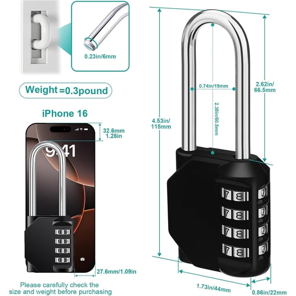 GVDCC-Long Shackle Padlock, 4.53" Overall Height, 2.62" Shackle Height, 4 Digit Combination Lock Outdoor for Fence Gate, Shed, Garage, Resettable Long Combo Lock for Gym & School Locker (Black)