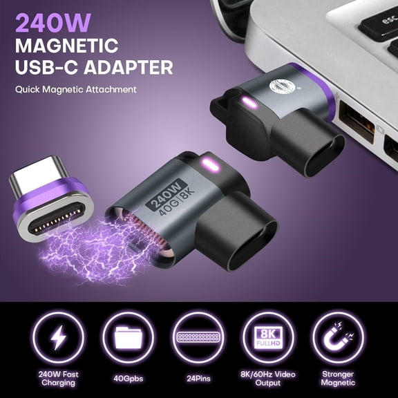 GVDCC -Magnetic USB C to USB C Adapter, 24PIN 240W PD Fast Charging 40Gbps Data Transfer 8K@60Hz Video Right Angle 90 I Shape Connector Arc-Free Safety 2-Pack
