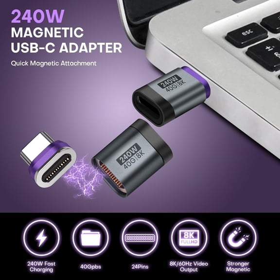 GVDCC -Magnetic USB C to USB C Adapter, 24PIN 240W PD Fast Charging 40Gbps Data Transfer 8K@60Hz Video I Shape Connector Arc-Free Safety 2-Pack