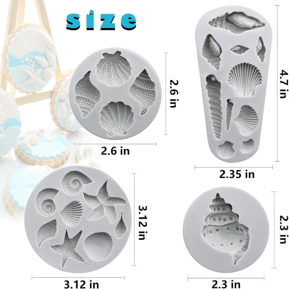 GVDCC-Marine Theme Fondant Molds, 4 PCS Seashell Conch Starfish Baking Silicone Molds for Cake Decoration Chocolate Soap Crafting