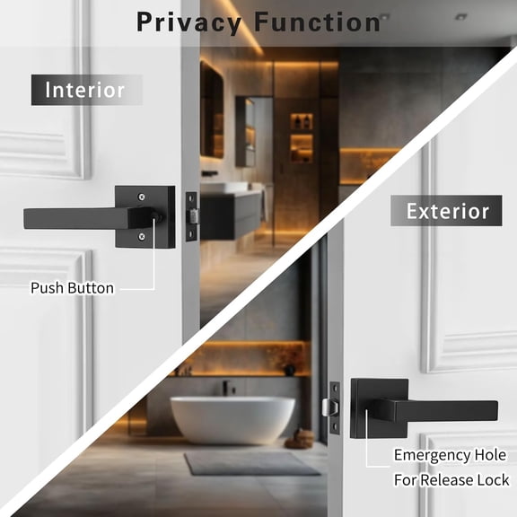 GVDCC-Matt Black Door Handles with Push Lock for Privacy, Zinc Door Handle with Square Rosette for Bath & Bedroom, Quick Release Lock & Easy Install