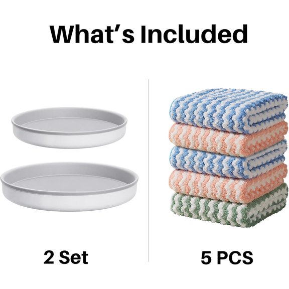 GVDCC-Microfiber Cleaning Cloth, 5 PCS Kitchen Towels(10" x 10"), Absorbent Streak Free Lint Cleaning Cloths, Reusable and Washable Dish Rags with 12" and 10" Lazy Susan Organizer