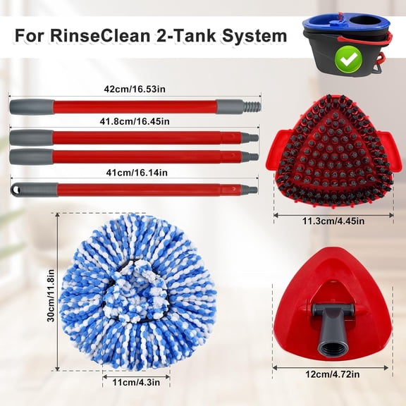 GVDCC-Mop Handle Mop Replace Heads and Mop Base Brush Replacement for O Cedar EasyWring 2-Tank System Include 3 Spin Mop Replacement Head, 4-Section Mop Handles, 1 Base and 1 Scrub Brush Combo