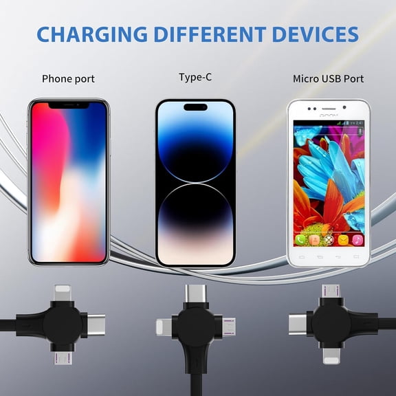GVDCC -Multi Charging Retractable Cable with USB A to USB Type C/Micro USB/IP Port for Smartphone, Data Sync and Fast Charging Cord for iPhone, iPad, Samsung, Tablets, Laptop and More (Black)