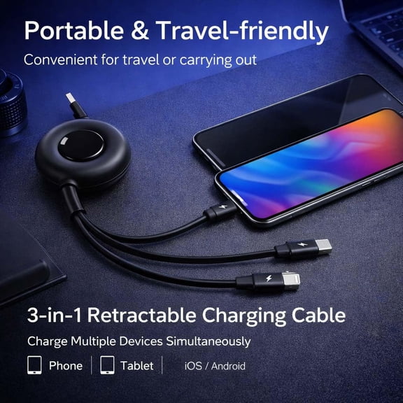 GVDCC -Multi USB C Charging Cable 3 in 1 Fast Charger Cord 3A Retractable Cable Coiled 100W 3.3ft Multi Charger USB with Type C/L/Micro USB Ports for Cellphones,Android,iOS,Tablets,Laptop,All Devices