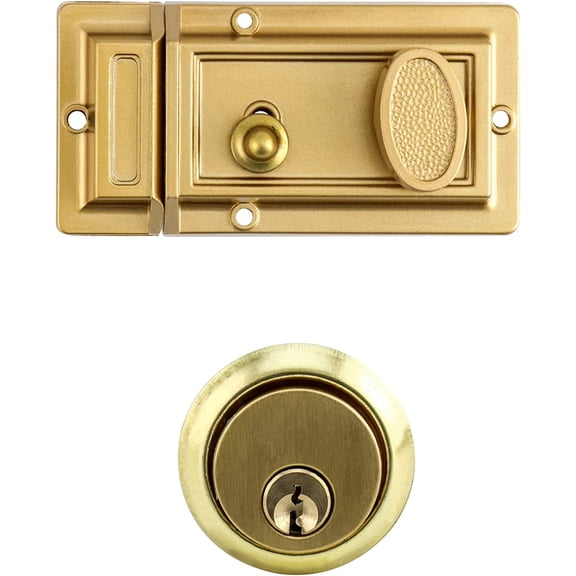 GVDCC-Night Latch Deadbolt Rim Lock with Key, 2Pack Gold Finish Antique Style Lock with Front Door Key