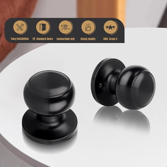 GVDCC-Non-Locking Passage Door Knob, Flat Ball Interior Door Knob Without Keys, Round Doorknob for Hallway/Closets, Matte Black