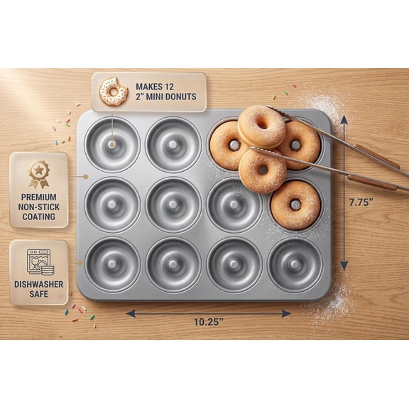 GVDCC-Non-Stick Mini Donut Pan, 12-Cavity Mini Donut Mold, Makes 2" Bite Sized Donuts