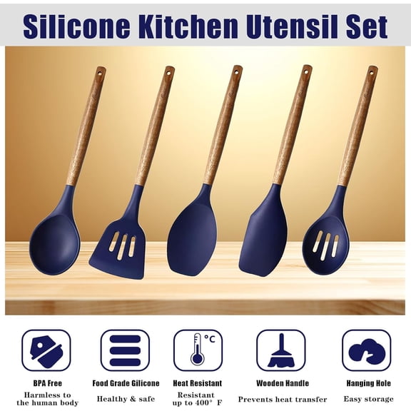 GVDCC-Non-Stick Silicone Kitchen Utensils Set with Natural Acacia Hard Wood Handle, 5 Piece, Midnight Blue, BPA Free, Baking & Serving Silicone Cooking Utensils