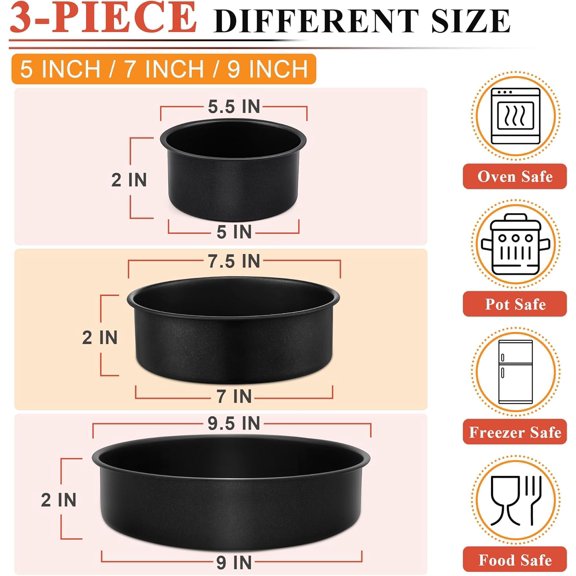 GVDCC-Nonstick Cake Pan Set of 3, 5/7/9 Inch Stainless Steel Baking Pans Tins, Round Bakeware for Layer Cakes, Stainless Steel Core & Non-Toxic Coating, Straight Side & 2 Inch Deep
