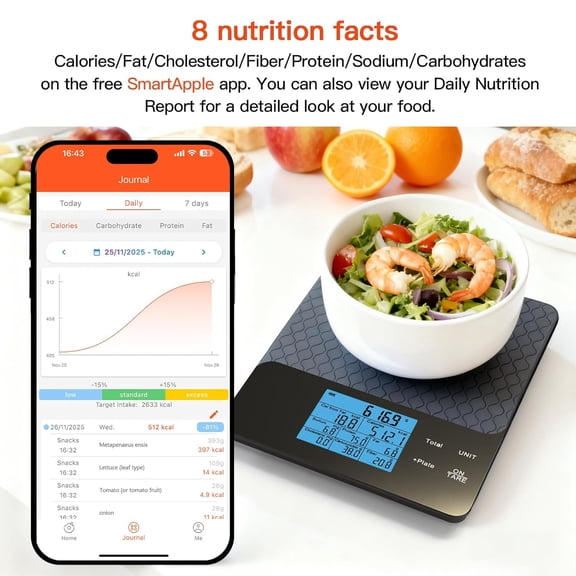 GVDCC-Nutritional Scale with App Control, Smart Food Scale and Kitchen Scale, 2000g/1g Capacity, 5 Units, Nutrient Tracking, Custom Food Data