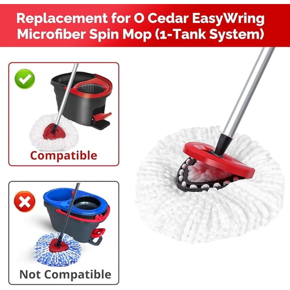 GVDCC-O-Cedar Spin Mop Head, Base, Handle Replacement for EasyWring 1 Tank System, 4 Microfiber Mop Refills, 1 Base and 30-58in Handle Set Combo, White